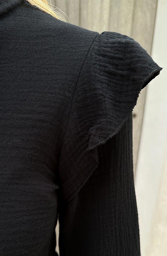 Ruffle Sleeve Blouse Mousseline Zwart – shoparchief, foto 6