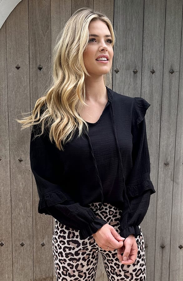 Ruffle Sleeve Blouse Mousseline Zwart – shoparchief, foto 3