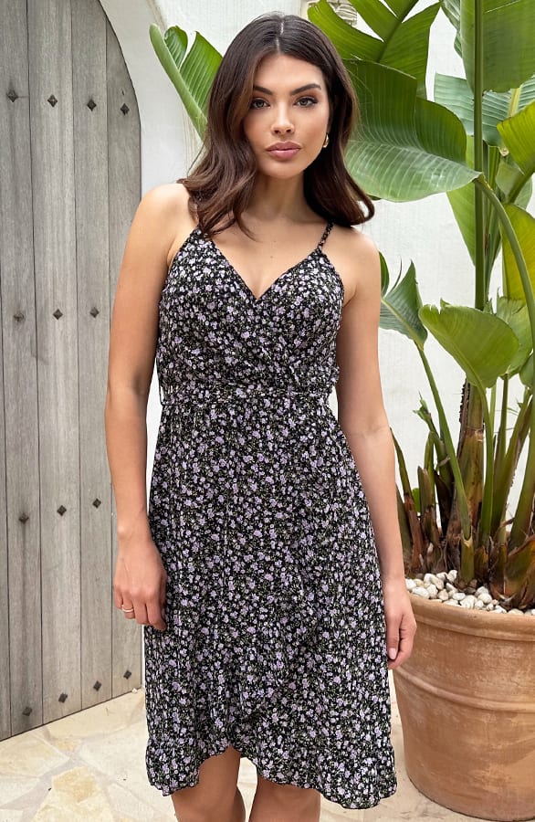 Spaghetti Wrap Jurk Bloemen Lila – shoparchief, foto 3