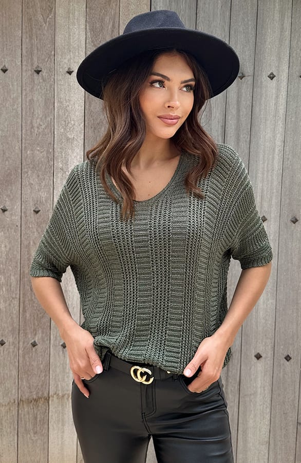V-Hals Gehaakte Lurex Trui Army – shoparchief, foto 1
