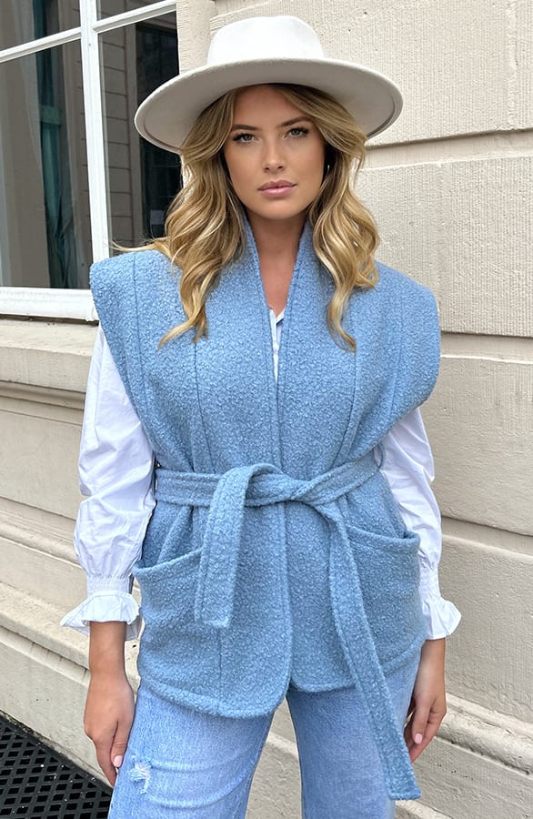 Bouclé Gilet Met Ceintuur Jeans Blauw – shoparchief, foto 7