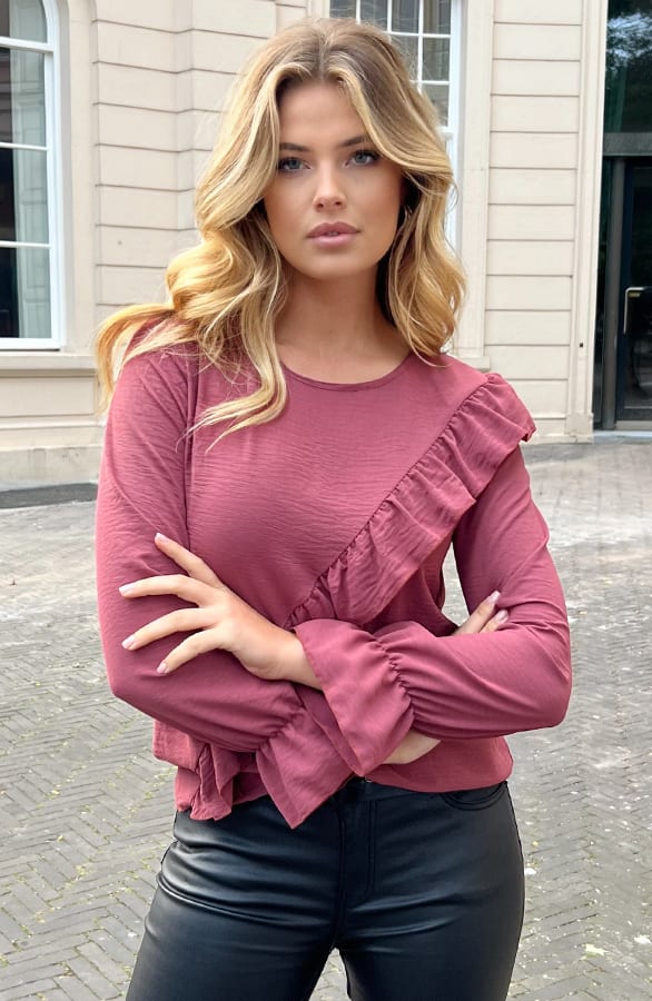Long Sleeve Ruches Blouse Dust Roze – shoparchief, foto 3
