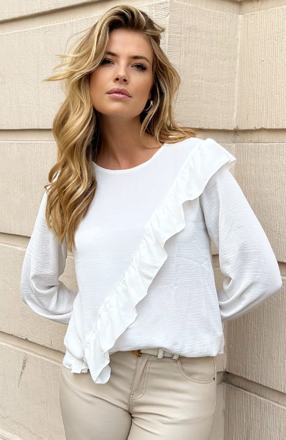Long Sleeve Ruches Blouse Ecru – shoparchief, foto 7