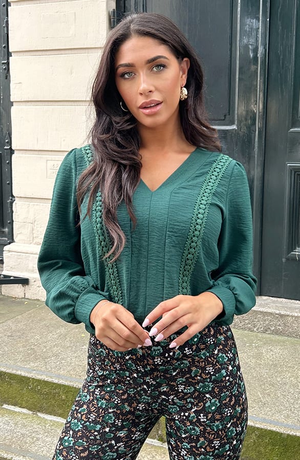 Romantic V-Hals Blouse Smaragd – shoparchief, foto 3