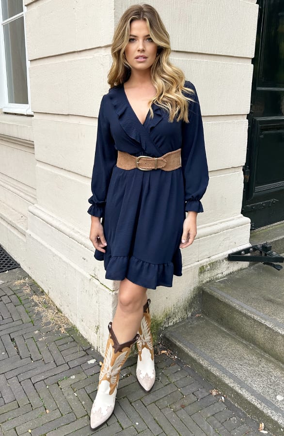 Ruffle V-Hals Jurk Marine – jurken, foto 6