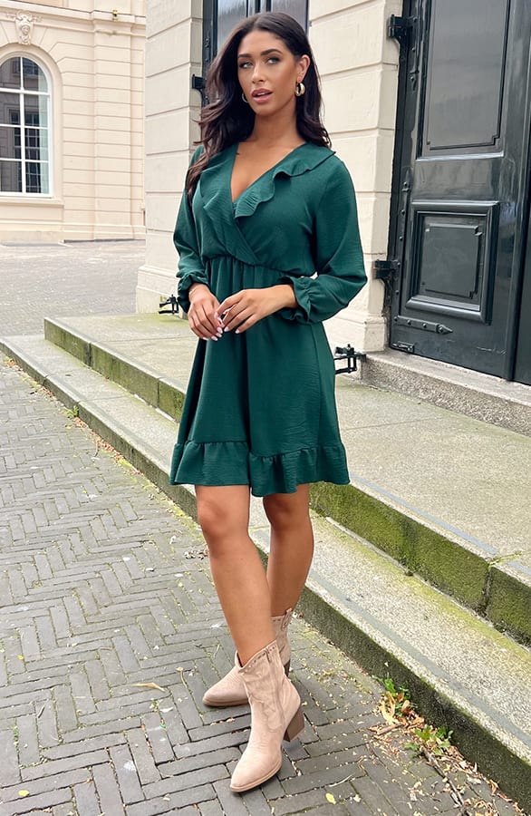 Ruffle V-Hals Jurk Smaragd – shoparchief, foto 6