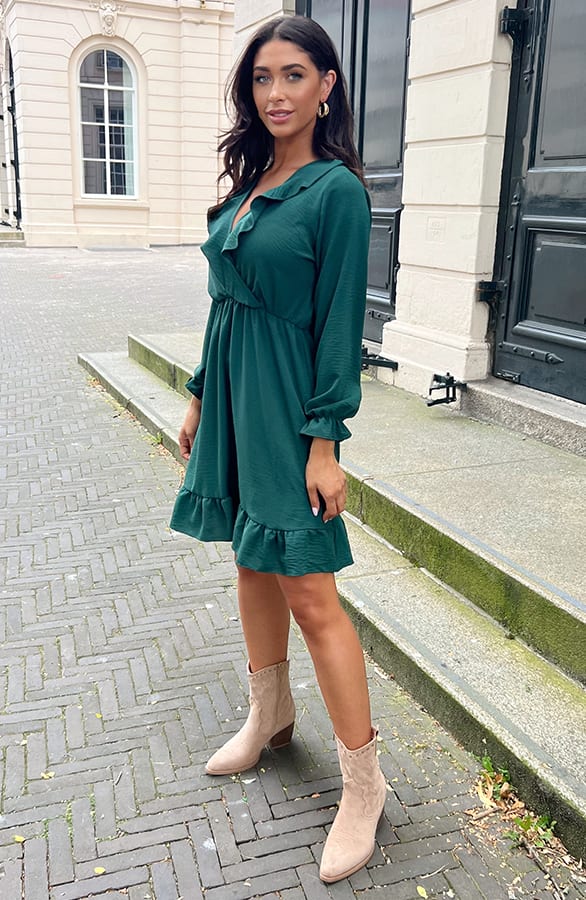 Ruffle V-Hals Jurk Smaragd – shoparchief, foto 5