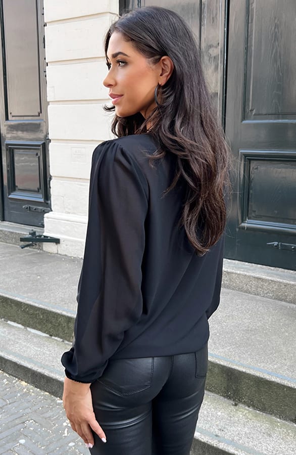V-hals Pailletten Blouse Zwart – shoparchief, foto 3
