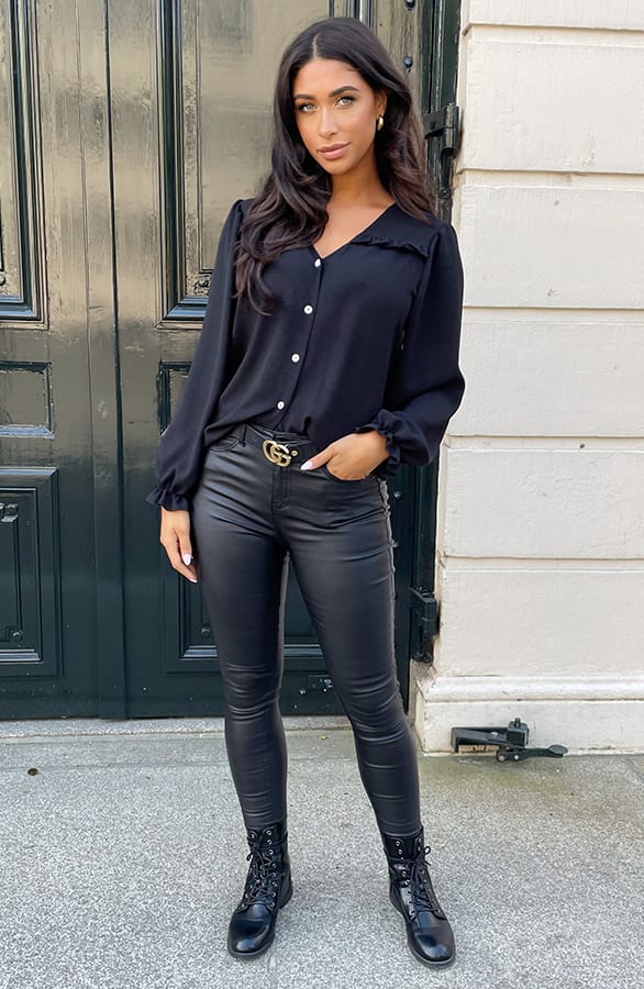 Ruffle Blouse Met Pofmouwen Zwart – blouses, foto 7