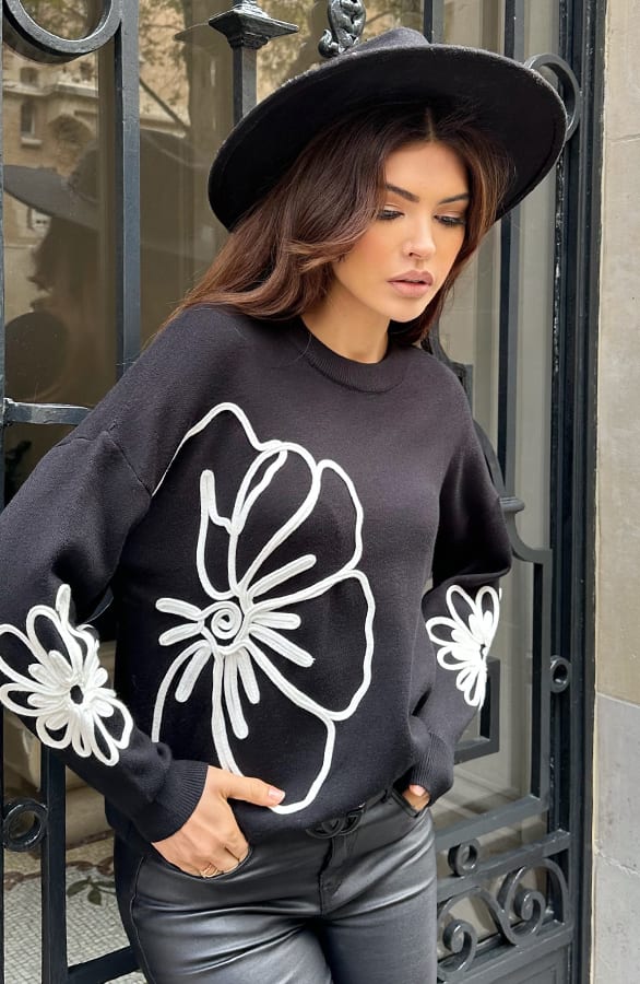 Flower Embroidery Sweater Zwart – shoparchief, foto 6
