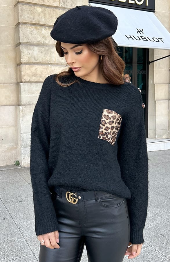 Leopard Pocket Soft Pullover Schwarz, Shoparchiv, Foto 3
