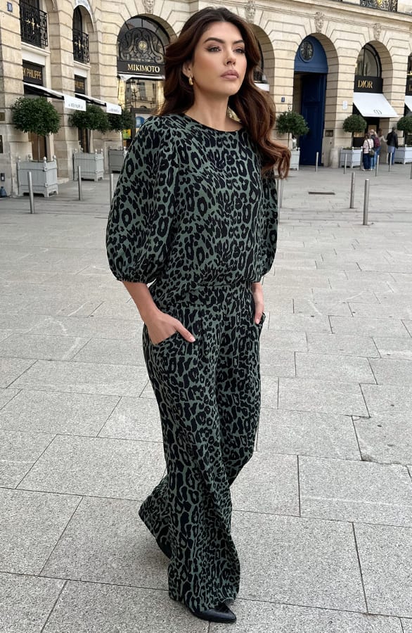 Mila Puff Sleeve Top Leopard Army – tops, foto 9