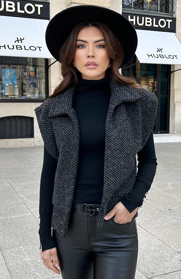 Oversized Woven Gilet Dark Grey Melange – shoparchief, foto 4