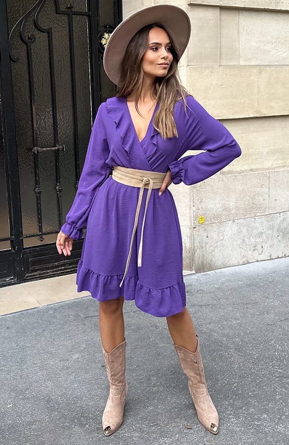 Ruffle V-hals Jurk Dark Purple – jurken, foto 6