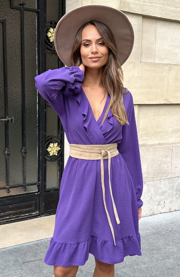Ruffle V-hals Jurk Dark Purple – jurken, foto 5