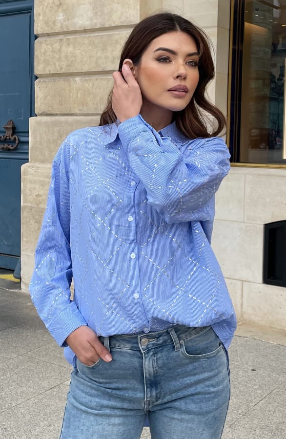 Ultra Oversized Strass Blouse Blue Lines – shoparchief, foto 5