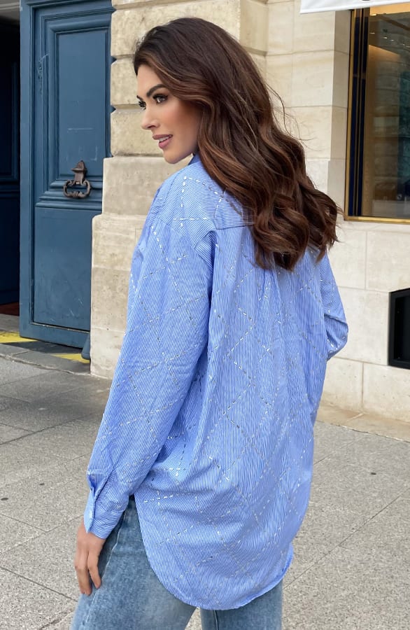Ultra Oversized Strass Blouse Blue Lines – shoparchief, foto 3