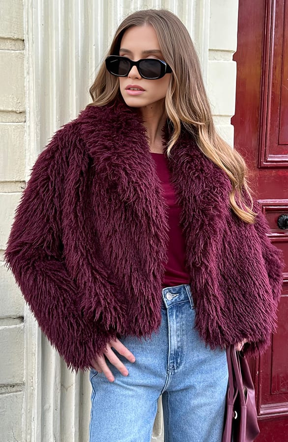 Faux Fur Jas Burgundy – shoparchief, foto 3