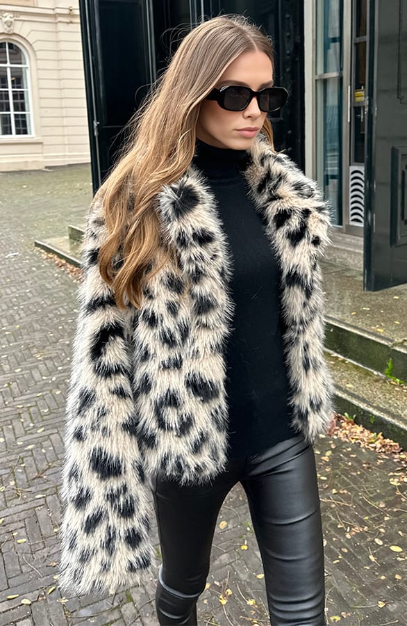 Fur Jas Leopard Zwart Beige – shoparchief, foto 1