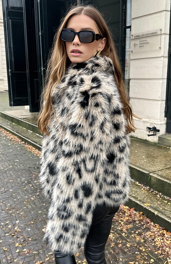 Fur Jas Leopard Zwart Beige – shoparchief, foto 3