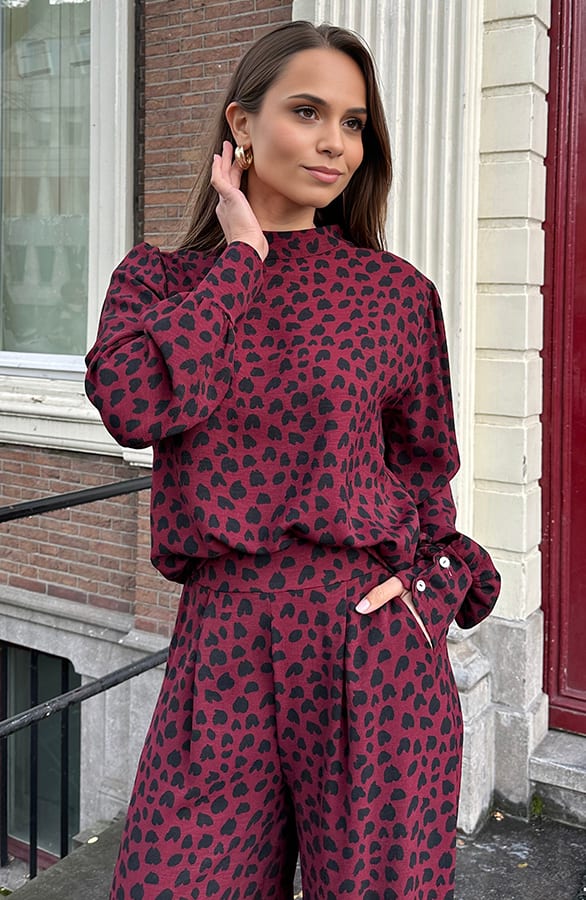 Mila Blouse Long Sleeve Cheetah Burgundy – shoparchief, foto 1