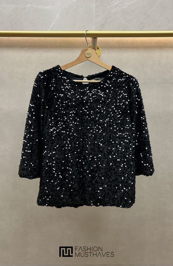 Pailletten Top Driekwart Mouw Zwart – shoparchief, foto 1