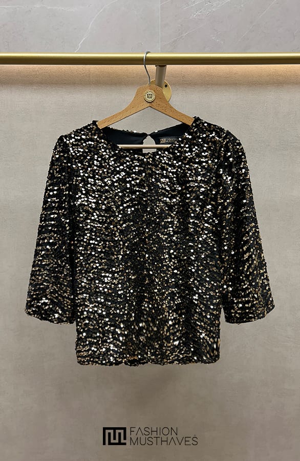 Pailletten Top Driekwart Mouw Zwart Goud – shoparchief, foto 1