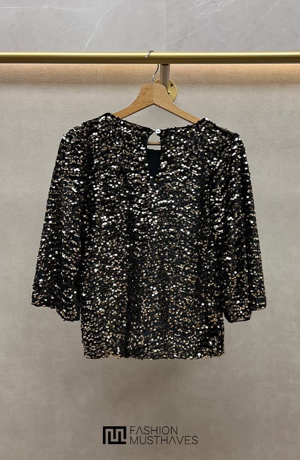Pailletten Top Driekwart Mouw Zwart Goud – shoparchief, foto 2