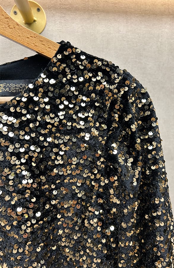 Pailletten Top Driekwart Mouw Zwart Goud – shoparchief, foto 4