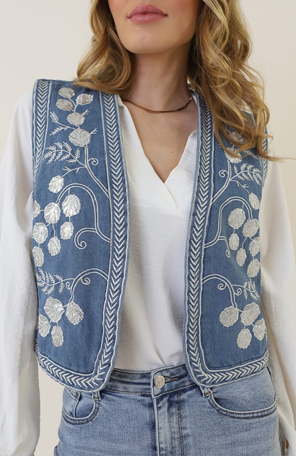 Flower Pailletten Gilet Denim – shoparchief, foto 6