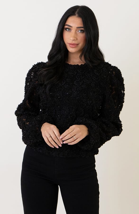 Flower Pailletten Puff Sleeve Blouse Zwart – shoparchief, foto 7