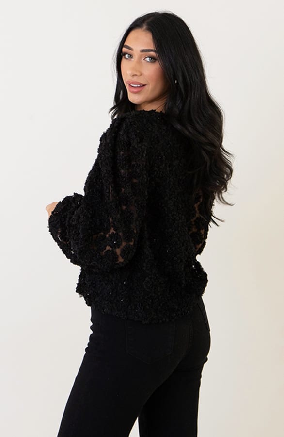 Flower Pailletten Puff Sleeve Blouse Zwart – shoparchief, foto 6