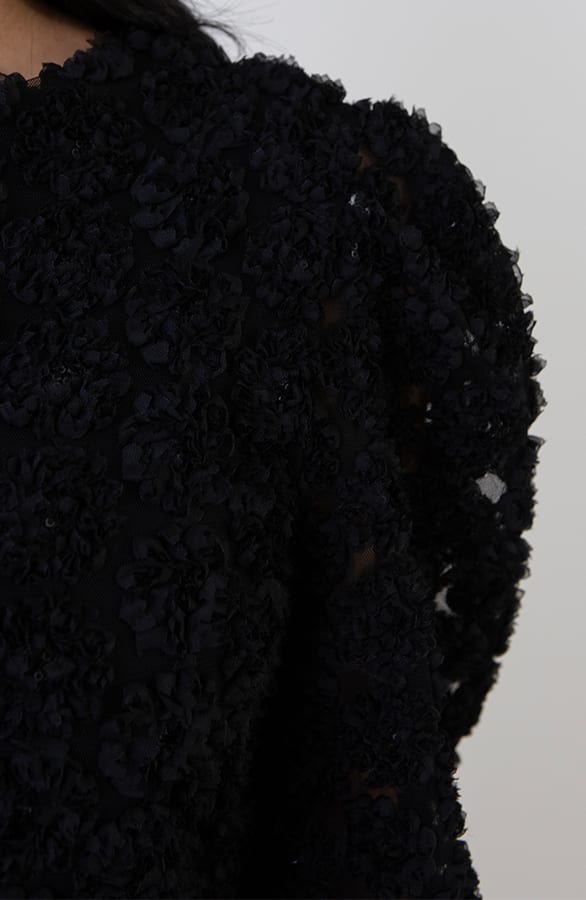 Flower Pailletten Puff Sleeve Blouse Zwart – shoparchief, foto 8
