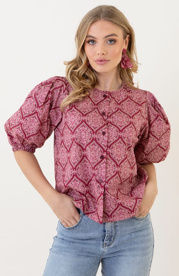 Katoenen Paisley Pofmouwen Blouse Wine – shoparchief, foto 6