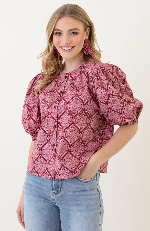 Katoenen Paisley Pofmouwen Blouse Wine – shoparchief, foto 9