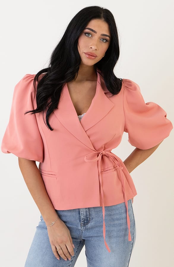 Wrap Blazer Puff Short Sleeve Koraal – shoparchief, foto 8