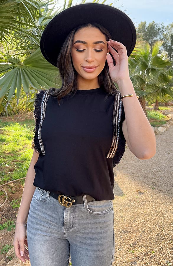 Bohemian Fringe Top Zwart – shoparchief, foto 1