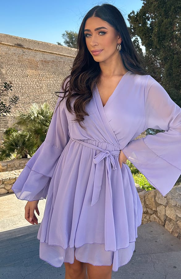 Chiffon Ruffle V-hals Jurk Lila – shoparchief, foto 5