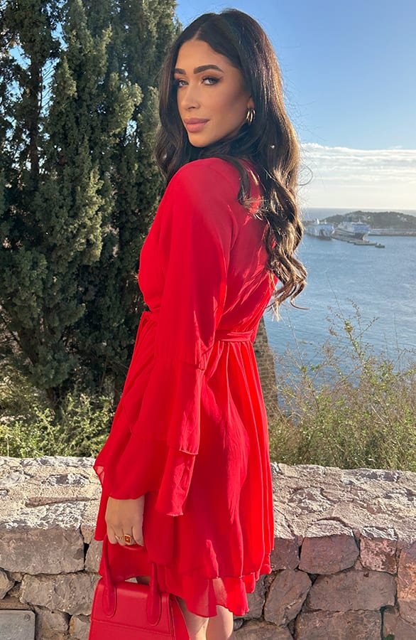 Chiffon Ruffle V-hals Jurk Rood – jurken, foto 4