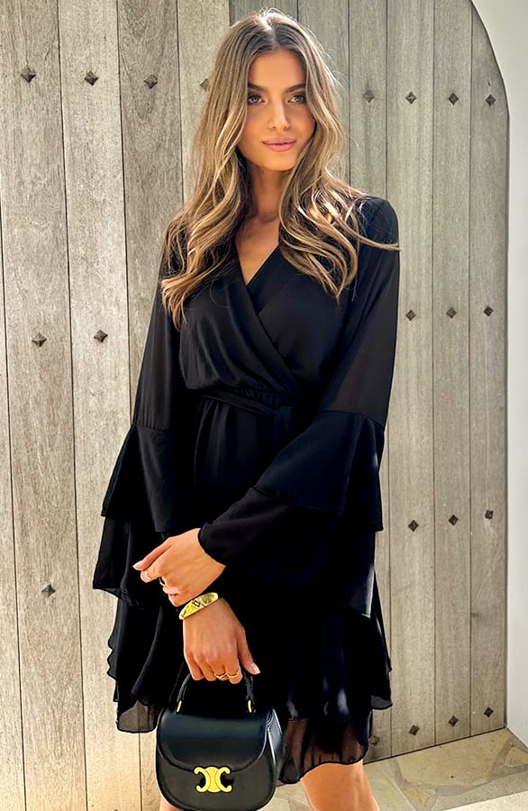 Chiffon Ruffle V-hals Jurk Zwart – jurken, foto 6