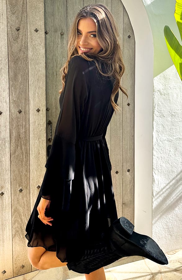 Chiffon Ruffle V-hals Jurk Zwart – jurken, foto 4