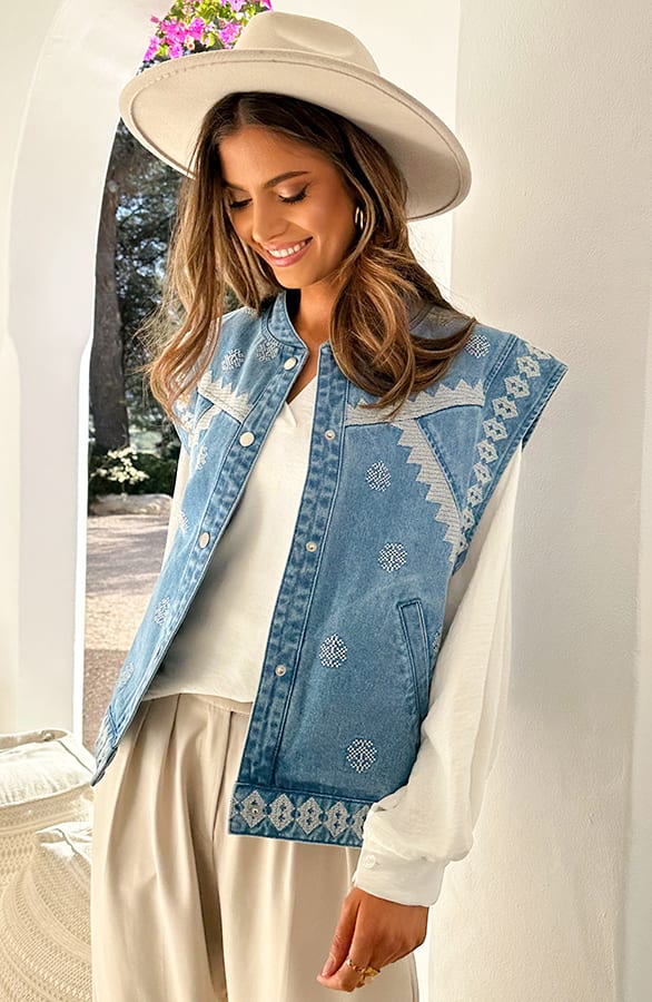 Embroidery Denim Gilet Schouderdetail – gilets, foto 5