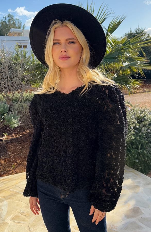 Flower Pailletten Puff Sleeve Blouse Zwart – shoparchief, foto 4