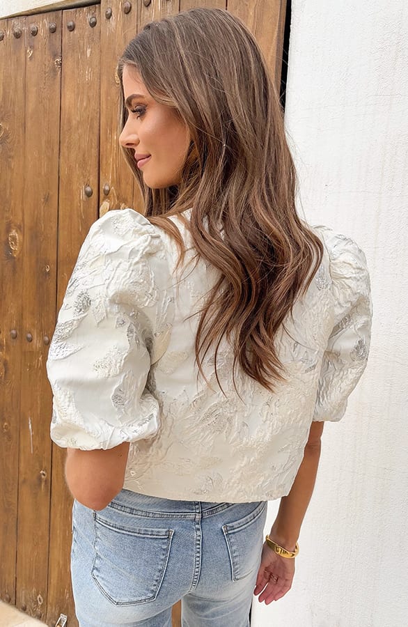 Jacquard Roses Pofmouw Top Ecru – tops, foto 3