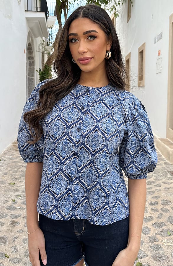 Katoenen Paisley Pofmouwen Blouse Navy – tops, foto 9