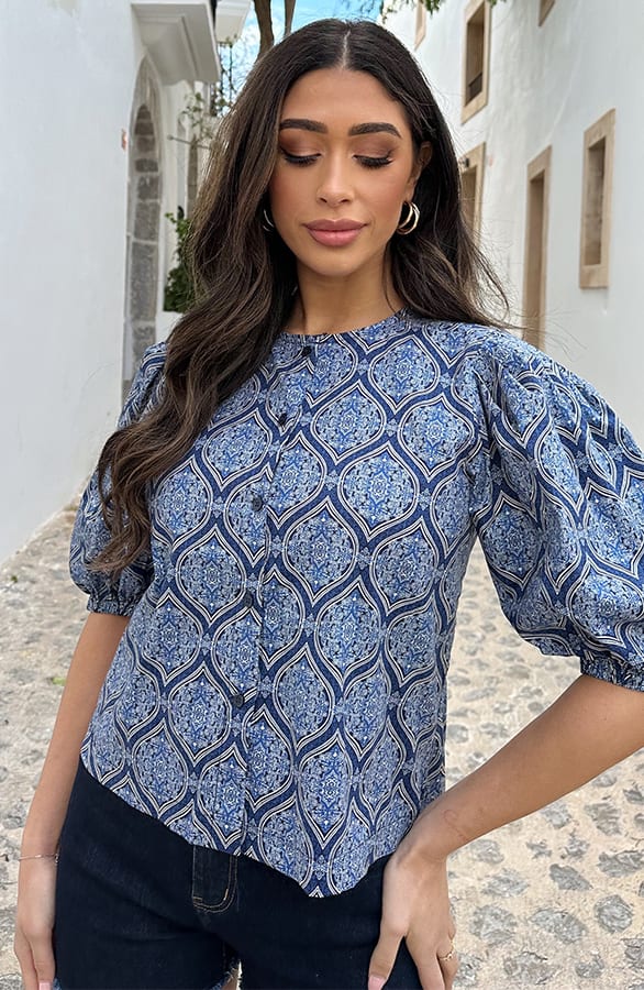 Katoenen Paisley Pofmouwen Blouse Navy – tops, foto 10