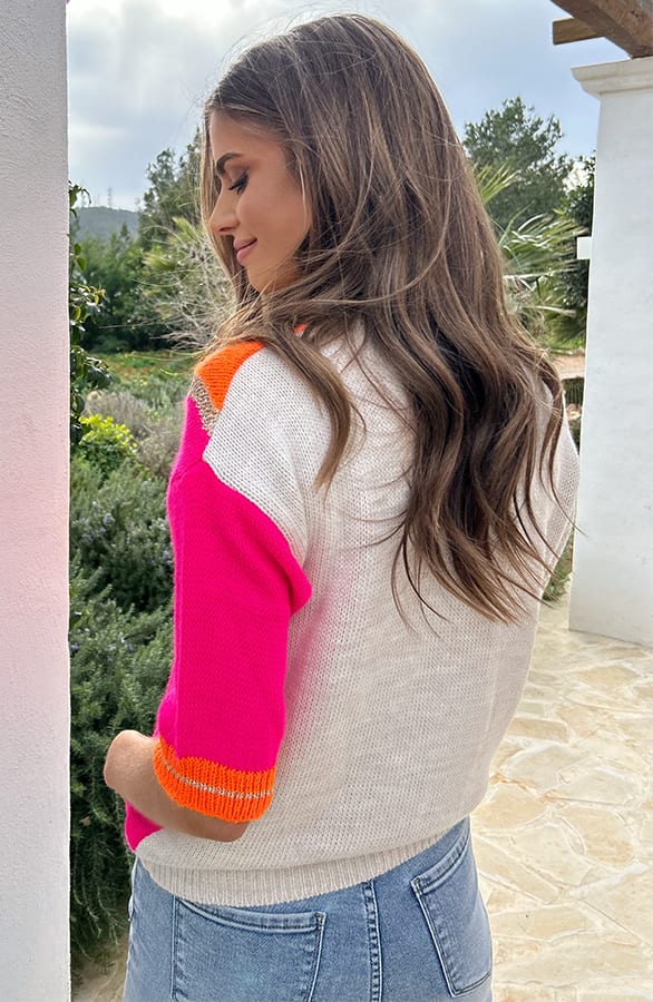 Knitted Short Sleeve Pullover Fuchsia Beige, Tops, Foto 2