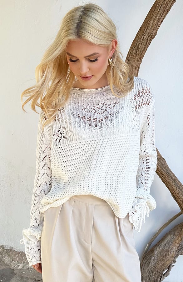 Lace Trui Strik Mouw Katoen Ecru – shoparchief, foto 3