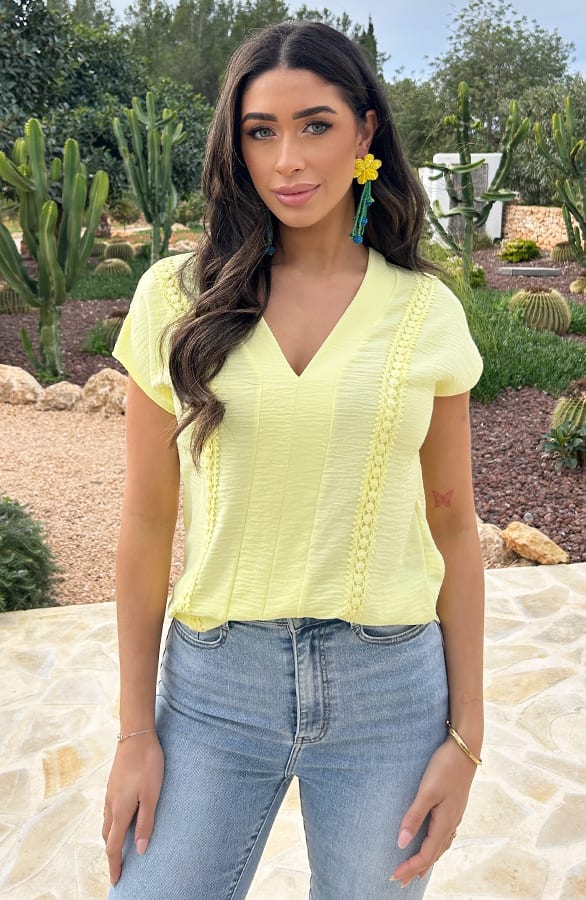 Romantic V-Hals Top Butter Yellow – tops, foto 6