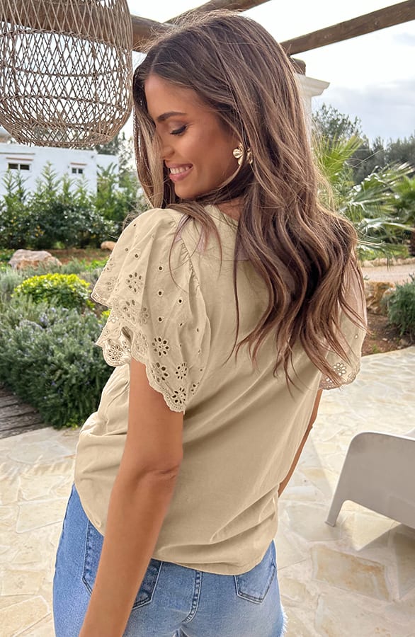 Ruffle Embroidery Top Dark Beige, Tops, Foto 3
